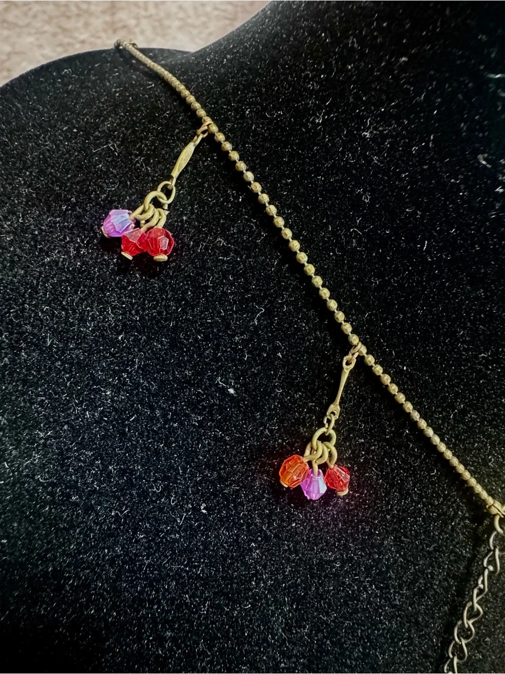 NWOT Express Brass & Drop Crystal Red, Orange & Purple Beaded Necklace